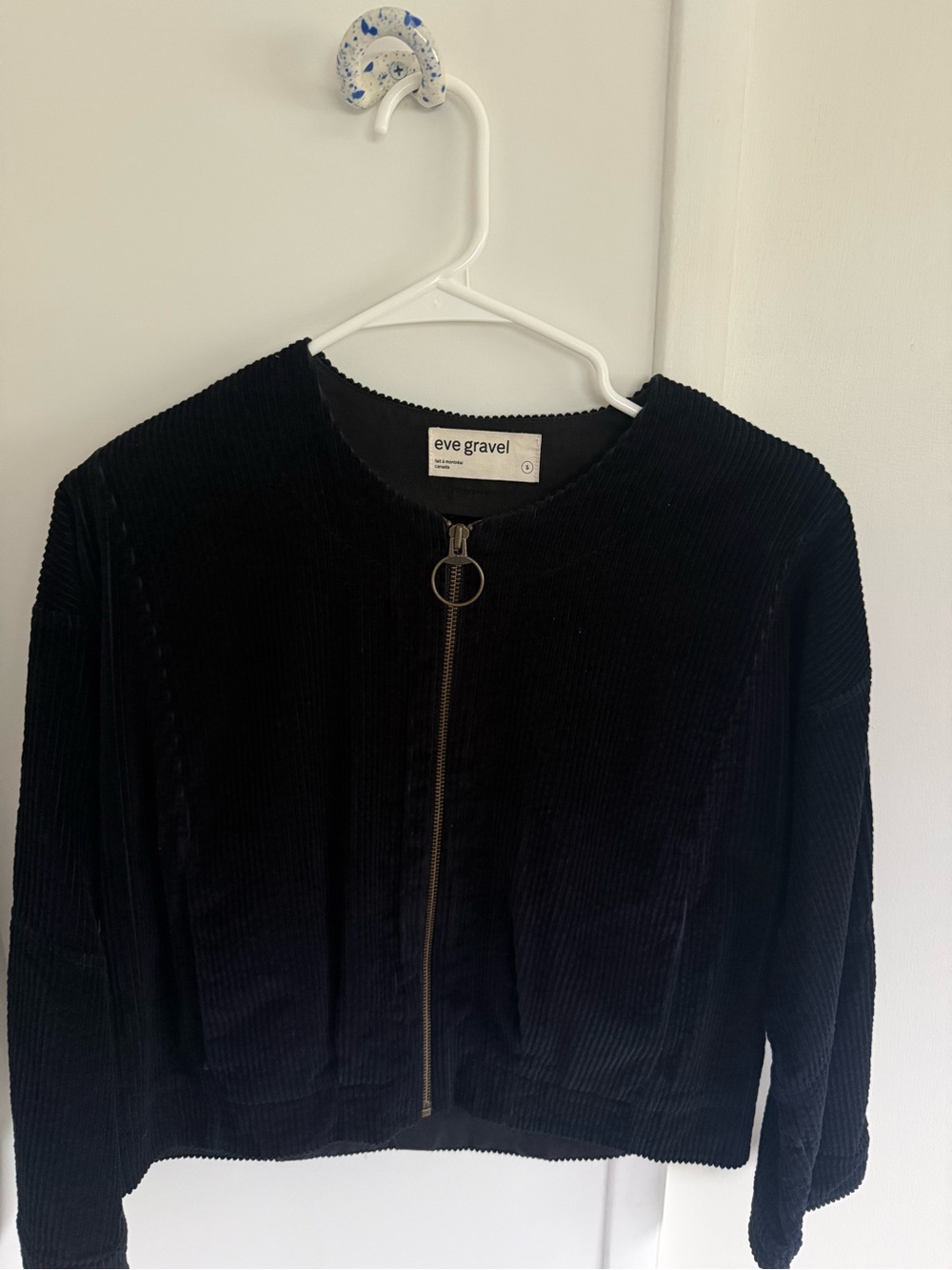 Eve Gravel Black Corduroy Bomber Jacket with Ring Zip